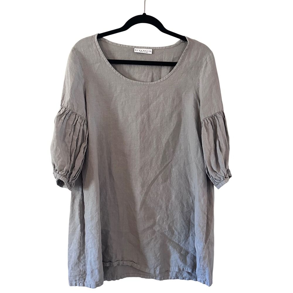 Bryn Walker Linen Tunic Top Grey Puff Sleeves Langenlook Made in USA Size S